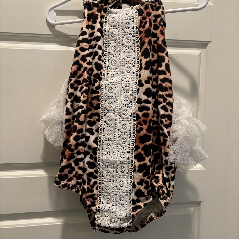 Leopard Print Baby Girl One-Piece Bodysuit with White Lace